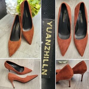 Yuanzhilln Burnt Orange Rust Brown Suede Pointed Toe 3.5" High Heel, US 10 EU 40